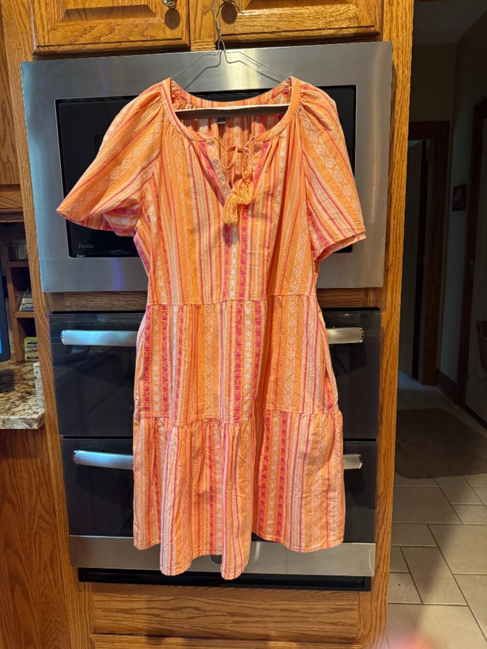 Style & Co Tiered Dress Pullover Split Neck Striped Orange & Pink with Tassel L